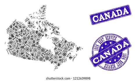 Best service composition of mosaic map of Canada and blue rubber seals. Mosaic map of Canada designed with gray gears and wrenches. Vector blue seals with retro rubber texture.