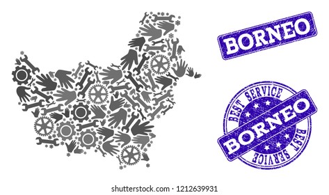 Best service composition of mosaic map of Borneo Island and blue rubber stamps. Mosaic map of Borneo Island designed with gray gears and wrenches. Vector blue imprints with unclean rubber texture.