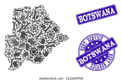 Best service composition of mosaic map of Botswana and blue rubber seal stamps. Mosaic map of Botswana designed with gray gears and wrenches. Vector blue watermarks with unclean rubber texture.