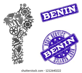 Best service composition of mosaic map of Benin and blue unclean seals. Mosaic map of Benin designed with gray gears and wrenches. Vector blue seals with corroded rubber texture.