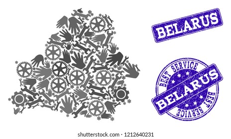 Best service composition of mosaic map of Belarus and blue textured seals. Mosaic map of Belarus constructed with gray gears and wrenches. Vector blue seals with scratched rubber texture.