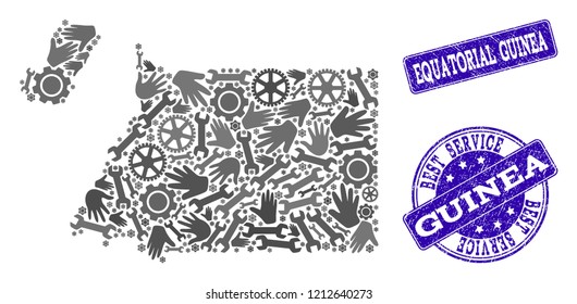 Best service composition of mosaic map of Equatorial Guinea and blue rubber stamps. Mosaic map of Equatorial Guinea constructed with gray gears and wrenches.