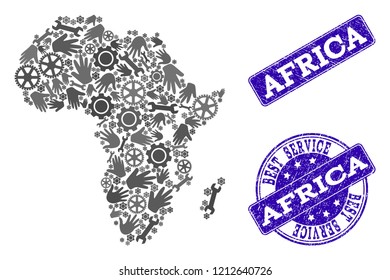 Best service composition of mosaic map of Africa and blue corroded seals. Mosaic map of Africa designed with gray gears and wrenches. Vector blue seals with corroded rubber texture.