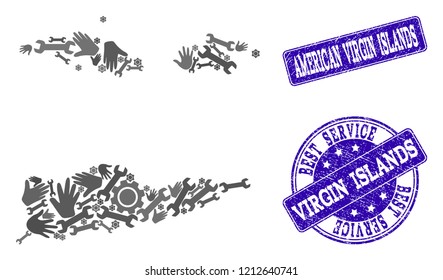 Best service composition of mosaic map of American Virgin Islands and blue rubber stamps. Mosaic map of American Virgin Islands constructed with gray gears and wrenches.