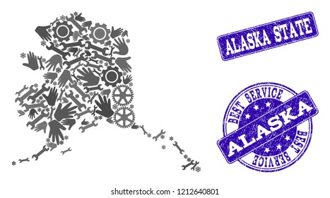 Best service composition of mosaic map of Alaska State and blue rubber seals. Mosaic map of Alaska State designed with gray gears and wrenches. Vector blue seals with corroded rubber texture.