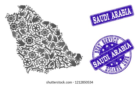 Best service composition of mosaic map of Saudi Arabia and blue rubber seals. Mosaic map of Saudi Arabia constructed with gray gears and wrenches. Vector blue seals with corroded rubber texture.
