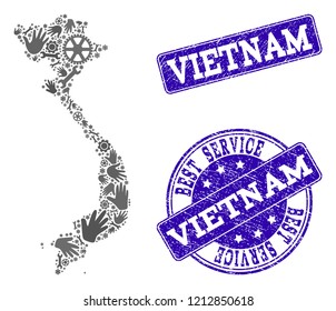 Best service composition of mosaic map of Vietnam and blue dirty seals. Mosaic map of Vietnam constructed with gray gears and wrenches. Vector blue seals with grunge rubber texture.