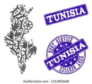 Best service composition of mosaic map of Tunisia and blue rubber seals. Mosaic map of Tunisia constructed with gray gears and wrenches. Vector blue imprints with retro rubber texture.