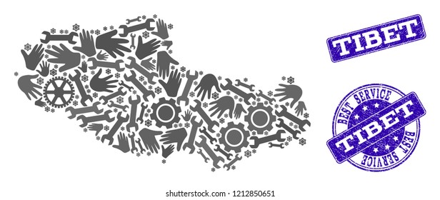Best service composition of mosaic map of Tibet and blue grunge stamps. Mosaic map of Tibet designed with gray gears and wrenches. Vector blue watermarks with grunge rubber texture.