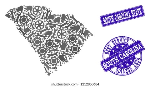 Best service composition of mosaic map of South Carolina State and blue corroded stamps. Mosaic map of South Carolina State designed with gray gears and wrenches.