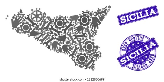 Best service composition of mosaic map of Sicilia Island and blue grunge seal stamps. Mosaic map of Sicilia Island designed with gray gears and wrenches.