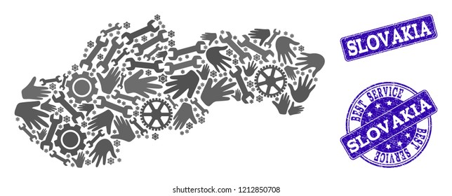 Best service composition of mosaic map of Slovakia and blue rubber seals. Mosaic map of Slovakia constructed with gray gears and wrenches. Vector blue seals with retro rubber texture.