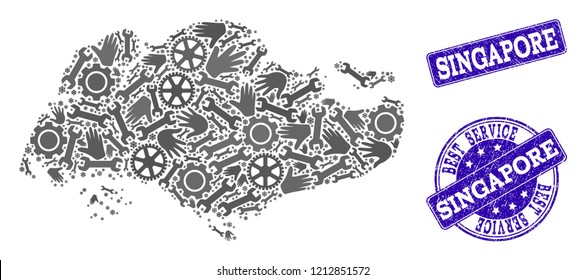 Best service composition of mosaic map of Singapore and blue scratched seals. Mosaic map of Singapore constructed with gray gears and wrenches. Vector blue seals with corroded rubber texture.