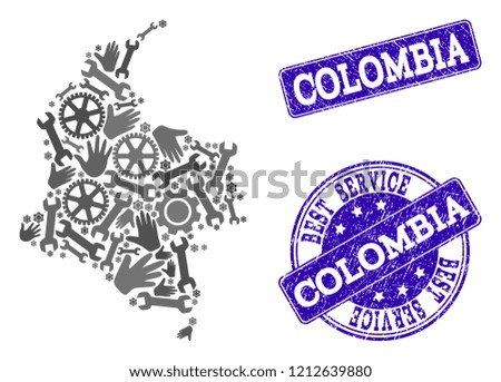 Best service composition of mosaic map of Colombia and blue scratched seals. Mosaic map of Colombia designed with gray gears and wrenches. Vector blue seals with distress rubber texture.
