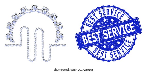 Best Service corroded round stamp seal and vector fractal composition pipe service gear. Blue stamp has Best Service title inside round shape.