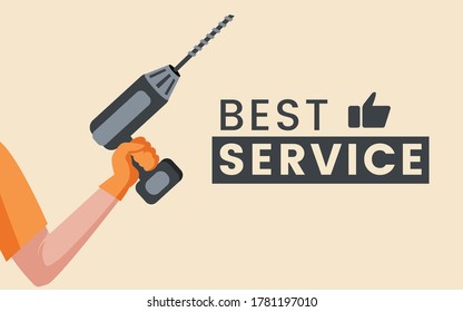 Best service flat banner design template with text space. Hand holding drill or screwdriver isolated in yellow background. Technical Service, home repair, and renovation poster concept.