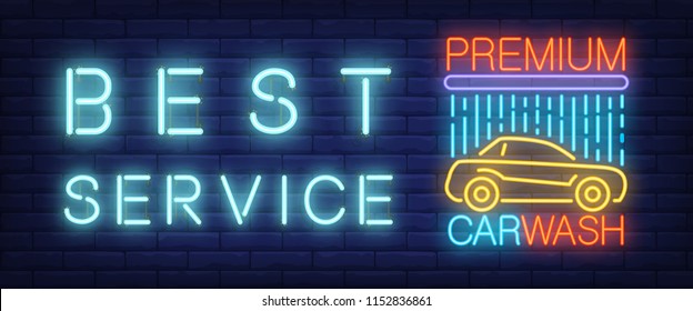 Best service, premium carwash neon text with car under shower. Transport and car wash service concept. Advertisement design. Night bright neon sign, light banner. Vector illustration in neon style.