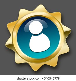 Best service seal or icon with admin or person symbol. Glossy golden seal or button with stars and turquoise color.