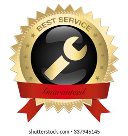 Best service seal or icon with pliers symbol. Glossy golden seal or button with stars.