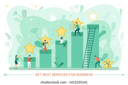 Best service vector, man and woman working hard on business development, making it better, chart with stars made of gold, ladder up and foliage poster. Get best services for business