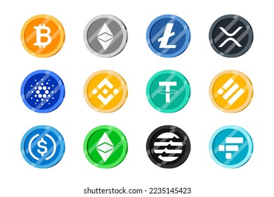 Best set of Cryptocurrency Coin. Bitcoin, Ethereum, Litecoin, XRP, ADA,  Binance, Tether, USD coin, Aptos, FTX Token. 3D Coin Vector Illustration