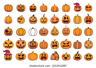 Best Set of Halloween Day Sweet Pumpkin Illustrations Clip Art Hugh Collections, Design Of The Witch, Icon, And Character For Halloween Decorations. Creative Vector Illustration Pumpkin Design.