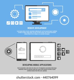 Best set horizontal concept banners  Development mobile applications, Website development vector banner, development icons, Mobile download, realistic mobile monitor tablet vector, vector flare