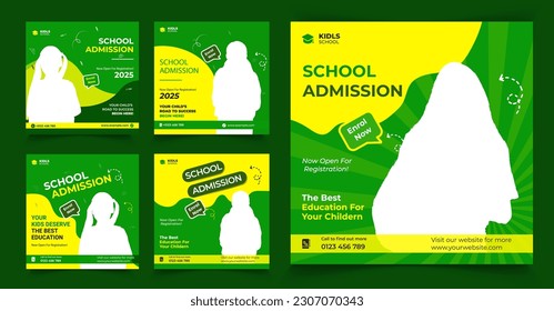 Best Set Of Three Education Social Post Design With Background And Photo School Admission Or Education Social Media Pack Template Premium Vector