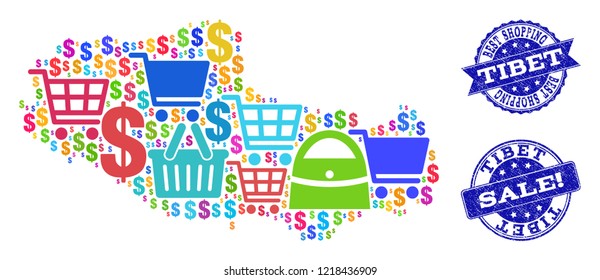 Best shopping collage of mosaic map of Tibet and unclean seals. Vector blue seals with unclean rubber texture for sales. Flat design for trade illustrations.