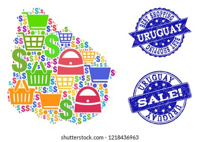Best shopping collage of mosaic map of Uruguay and textured seals. Vector blue seals with corroded rubber texture for sales. Flat design for shopping posters.
