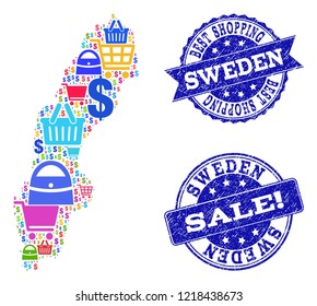 Best shopping collage of mosaic map of Sweden and unclean seals. Vector blue seals with unclean rubber texture for sales. Flat design for sale illustrations.