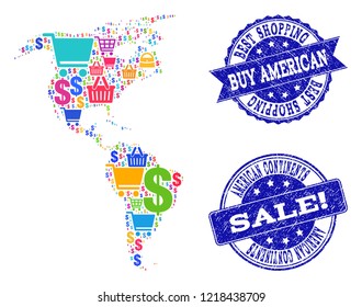 Best shopping collage of mosaic map of South and North America and corroded seals. Vector blue seals with grunge rubber texture for sales. Flat design for sale illustrations.