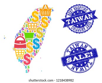 Best shopping collage of mosaic map of Taiwan and textured seal stamps. Vector blue seals with grunge rubber texture for sales. Flat design for shopping illustrations.