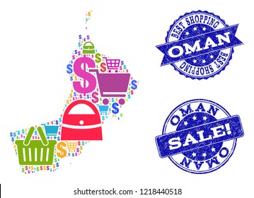 Best shopping collage of mosaic map of Oman and unclean seals. Vector blue seals with distress rubber texture for sales. Flat design for advertisement purposes.