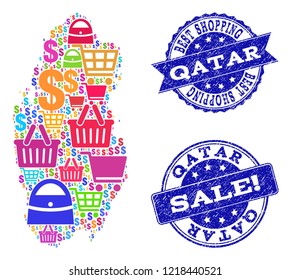Best shopping collage of mosaic map of Qatar and grunge stamps. Vector blue imprints with corroded rubber texture for sales. Flat design for shopping illustrations.