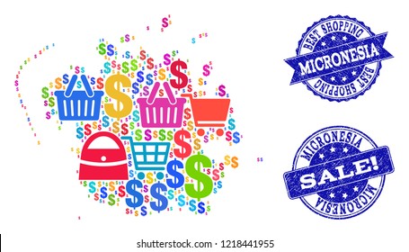 Best shopping collage of mosaic map of Micronesia island and unclean stamps. Vector blue watermarks with unclean rubber texture for sales. Flat design for promotion illustrations.