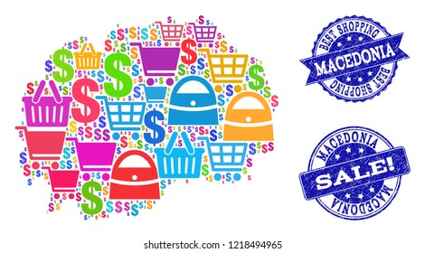 Best shopping collage of mosaic map of Macedonia and textured seals. Vector blue seals with scratched rubber texture for sales. Flat design for shopping illustrations.