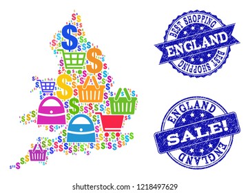 Best shopping collage of mosaic map of England and rubber seals. Vector blue watermarks with scratched rubber texture for sales. Flat design for shopping templates.