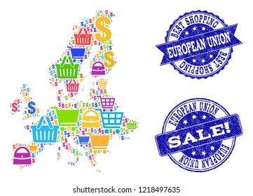Best shopping collage of mosaic map of Euro Union and rubber seal stamps. Vector blue watermarks with corroded rubber texture for sales. Flat design for shopping illustrations.