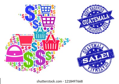 Best shopping collage of mosaic map of Guatemala and scratched stamps. Vector blue imprints with scratched rubber texture for sales. Flat design for promotion templates.