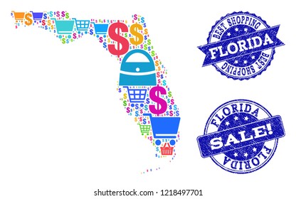 Best shopping collage of mosaic map of Florida State and corroded seal stamps. Vector blue watermarks with corroded rubber texture for sales. Flat design for shopping purposes.