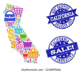 Best shopping collage of mosaic map of California and rubber seals. Vector blue seals with distress rubber texture for sales. Flat design for trade illustrations.