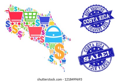Best shopping collage of mosaic map of Costa Rica and dirty stamps. Vector blue watermarks with corroded rubber texture for sales. Flat design for shopping illustrations.