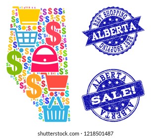 Best shopping collage of mosaic map of Alberta Province and unclean seals. Vector blue seals with distress rubber texture for sales. Flat design for shopping posters.