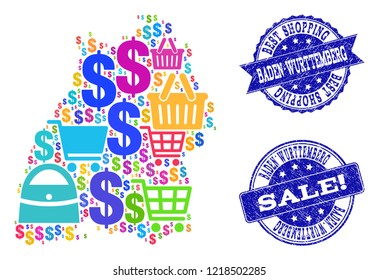 Best shopping collage of mosaic map of Baden-Wurttemberg State and rubber seals. Vector blue seals with scratched rubber texture for sales. Flat design for shopping templates.