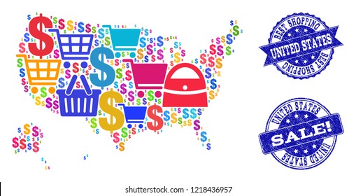 Best shopping combination of mosaic map of USA territories and grunge seal stamps. Vector blue watermarks with grunge rubber texture for sales. Flat design for shopping illustrations.