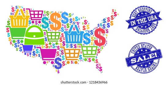 Best shopping combination of mosaic map of USA and rubber seal stamps. Vector blue watermarks with corroded rubber texture for sales. Flat design for shopping templates.