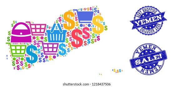 Best shopping combination of mosaic map of Yemen and textured seals. Vector blue seals with scratched rubber texture for sales. Flat design for shopping illustrations.