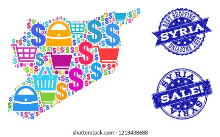 Best shopping combination of mosaic map of Syria and dirty seals. Vector blue watermarks with unclean rubber texture for sales. Flat design for shopping posters.