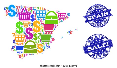 Best shopping combination of mosaic map of Spain and unclean stamps. Vector blue watermarks with unclean rubber texture for sales. Flat design for shopping templates.